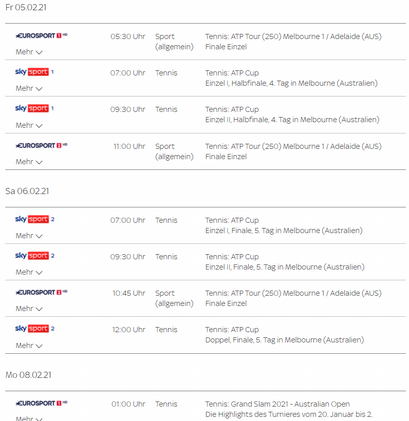 Tennis live Programm bei Sky